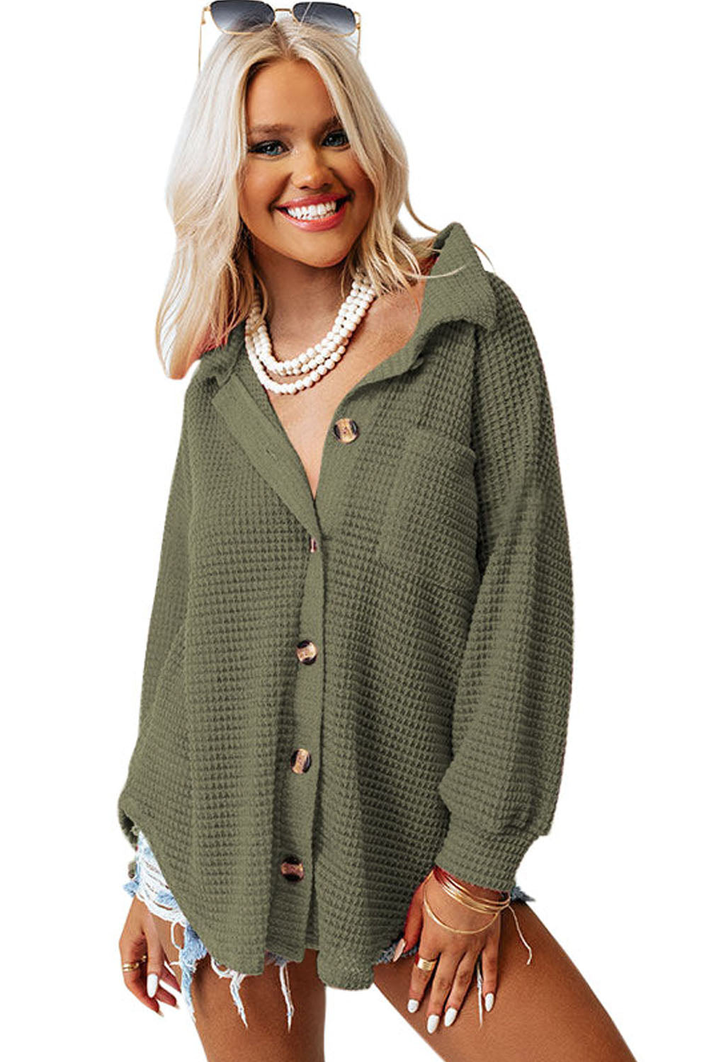 Green Pocket Buttons Front Waffle Knit Top