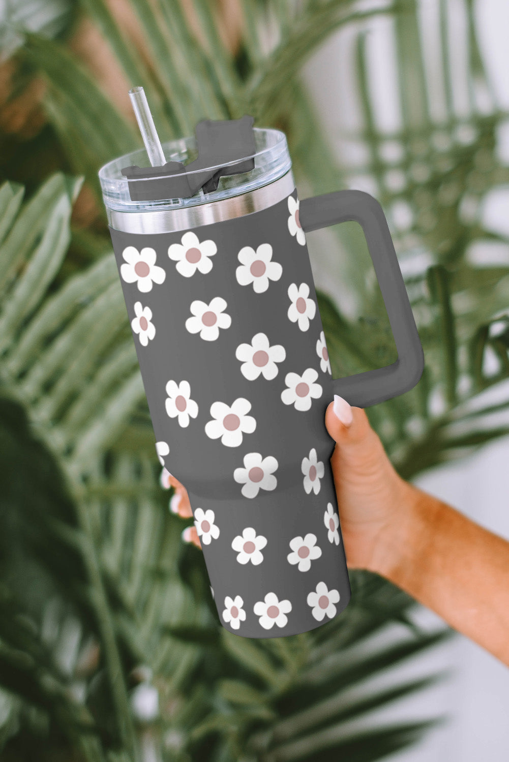 Dark Grey 60s Floral Print Stainless Tumbler With Lid And Straw