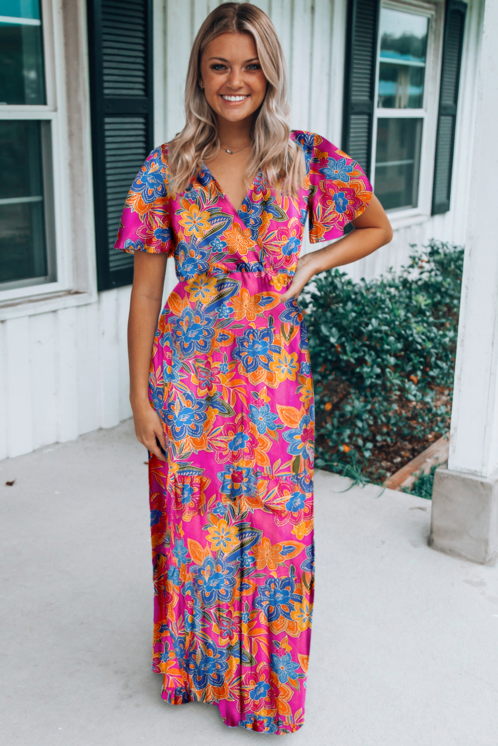 Wholesale Rose Boho Abstract Print V Neck Short Sleeve Maxi Wrap Dress