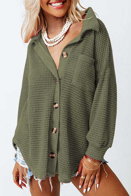 Green Pocket Buttons Front Waffle Knit Top