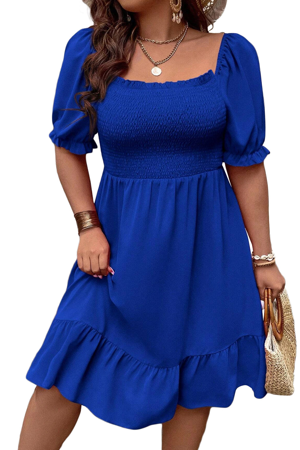 Dark Blue Shirred Ruffled Square Neck Plus Size Mini Dress