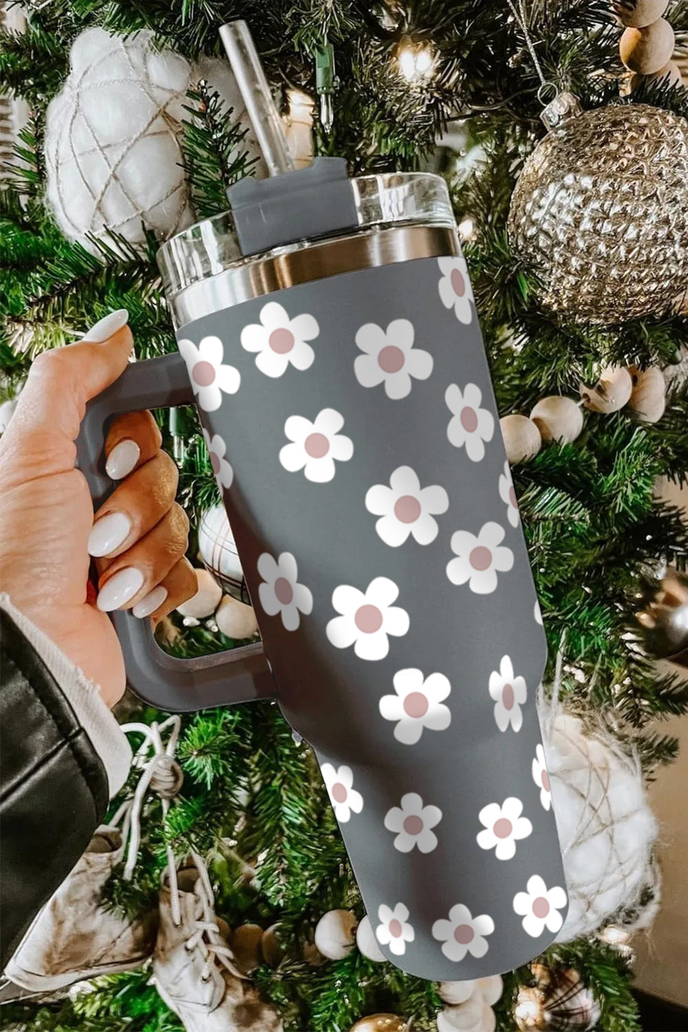 Dark Grey 60s Floral Print Stainless Tumbler With Lid And Straw