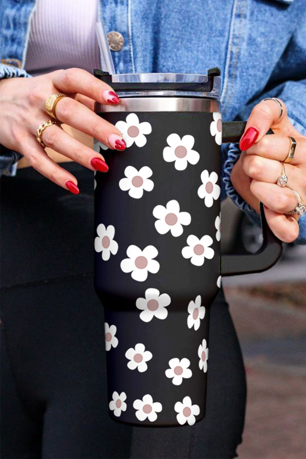 Dark Grey 60s Floral Print Stainless Tumbler With Lid And Straw