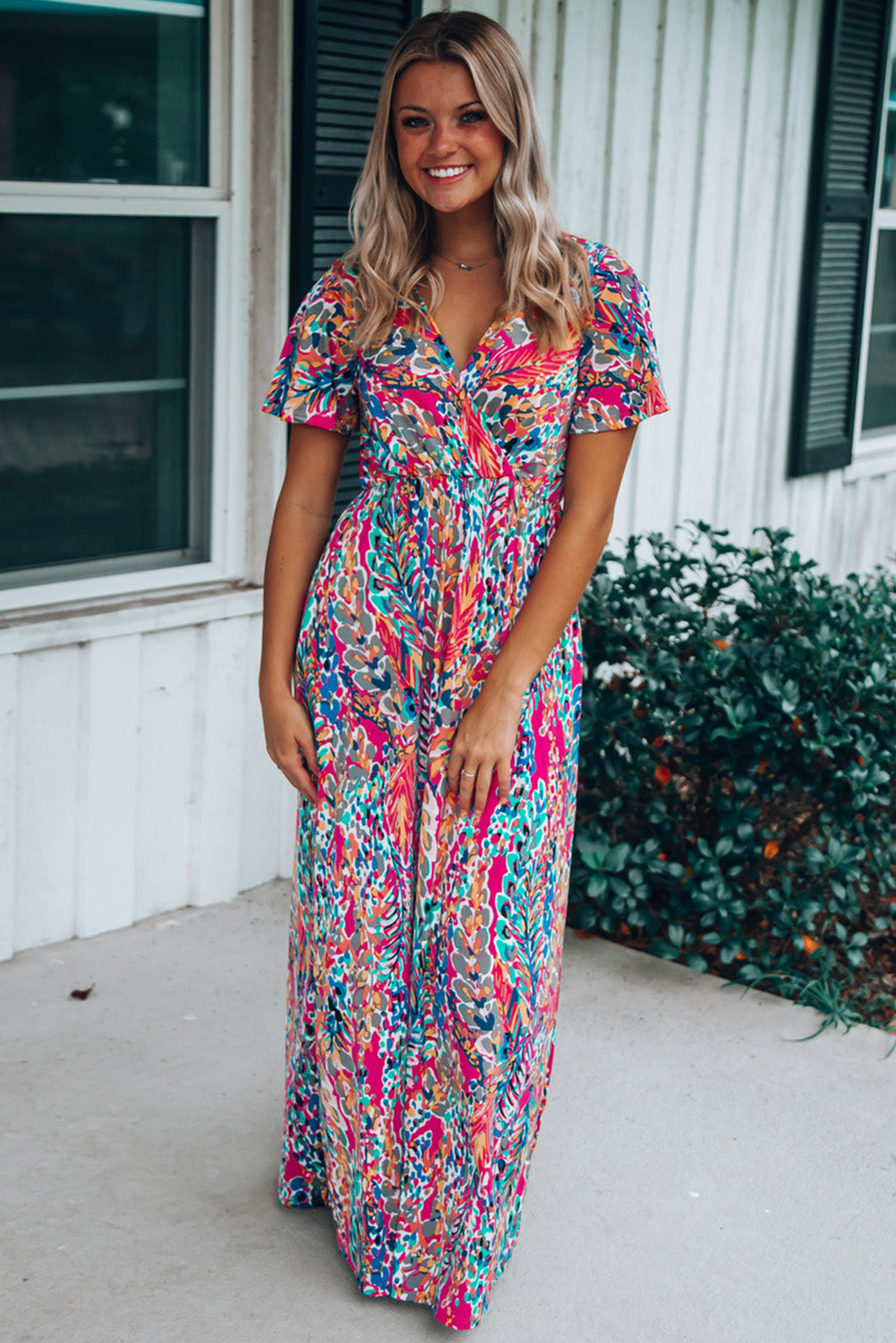 Wholesale Rose Boho Abstract Print V Neck Short Sleeve Maxi Wrap Dress