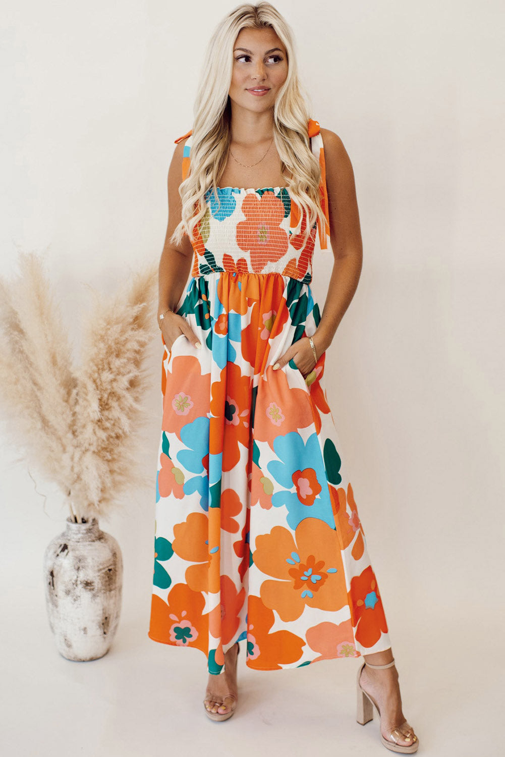 Orange 60s Floral Printed Shoulder Tie Smocked Maxi Dress