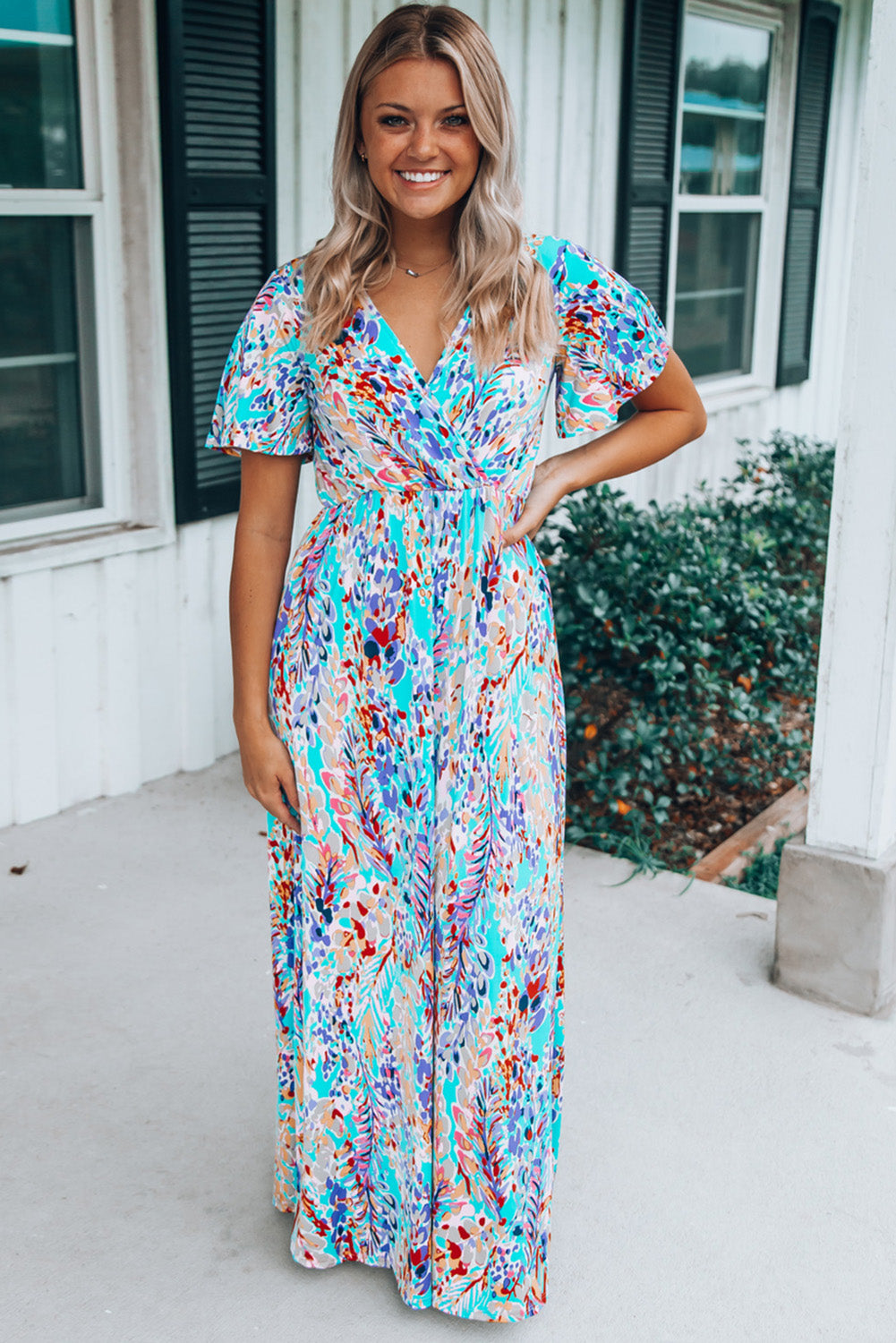 Wholesale Rose Boho Abstract Print V Neck Short Sleeve Maxi Wrap Dress