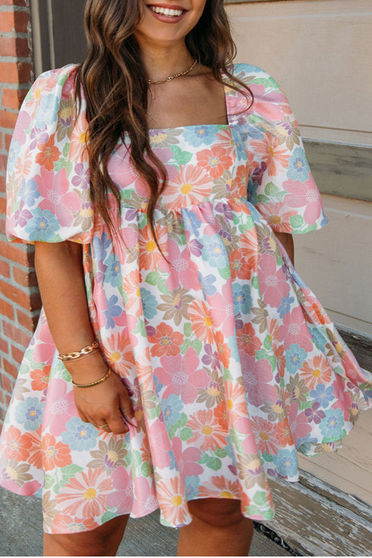 Multicolour Floral Puff Sleeve Square Neck Plus Babydoll Dress