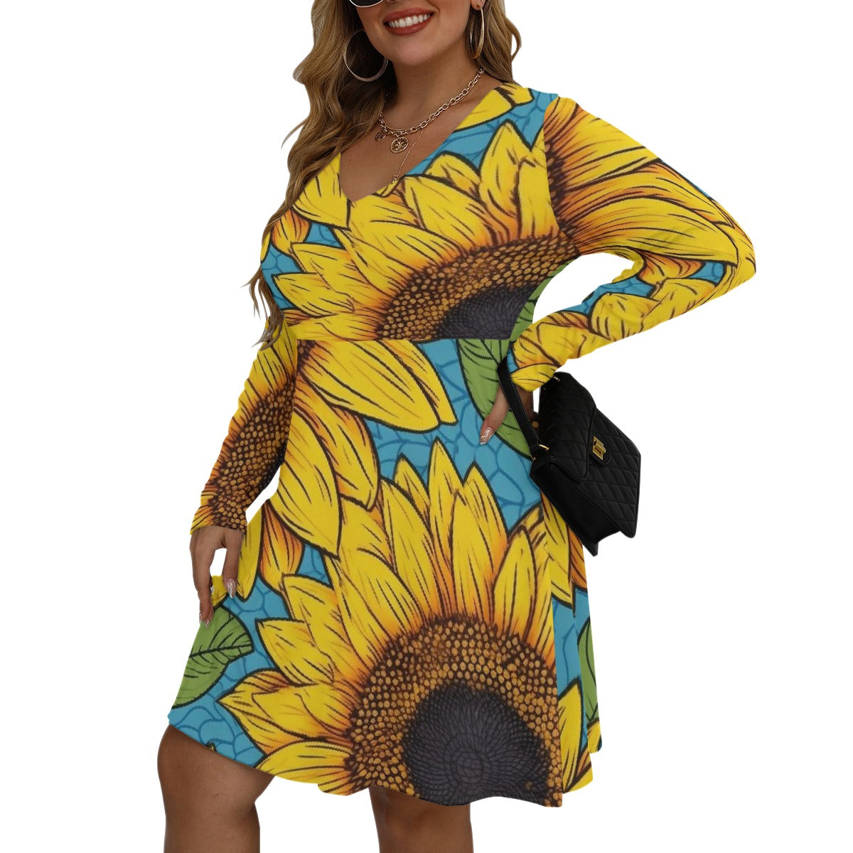 Rachvid All-Over Print Women's V-neck Long Sleeve Dress (Plus Size)