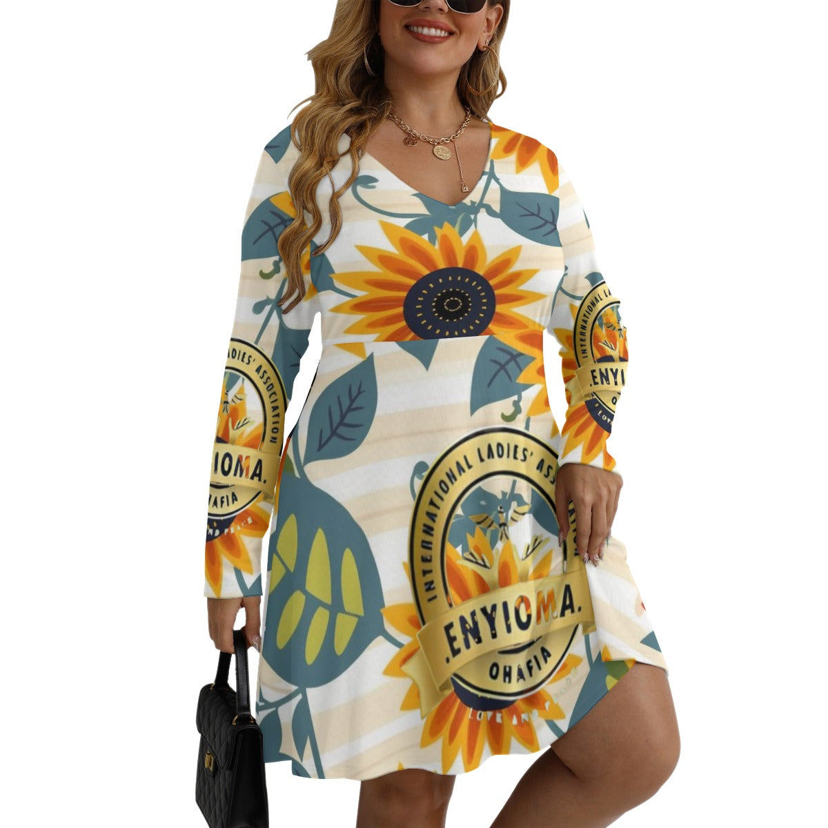 Rachvid Enyioma Ohafia All-Over Print Women's V-neck Long Sleeve Dress (Plus Size)