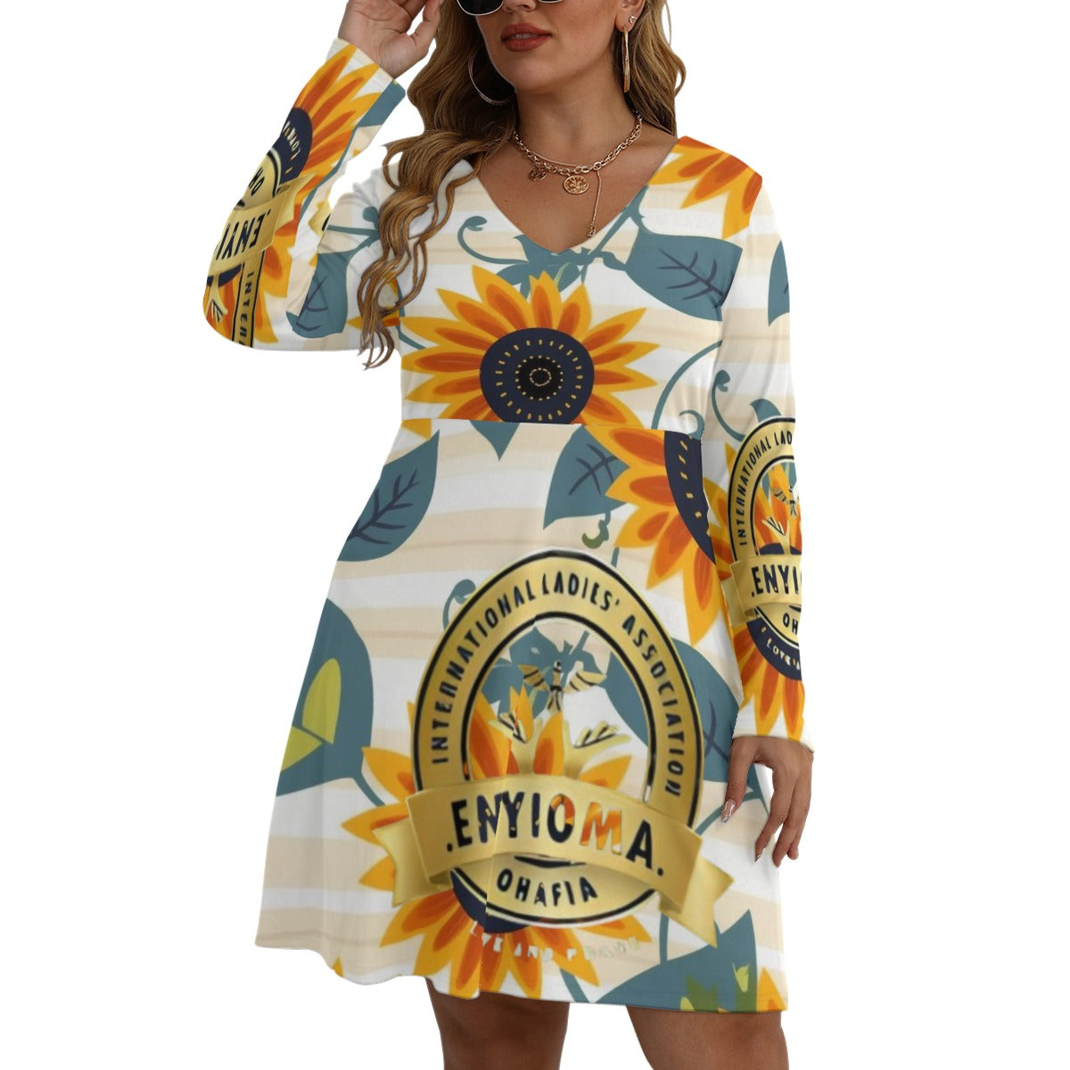 Rachvid Enyioma Ohafia All-Over Print Women's V-neck Long Sleeve Dress (Plus Size)