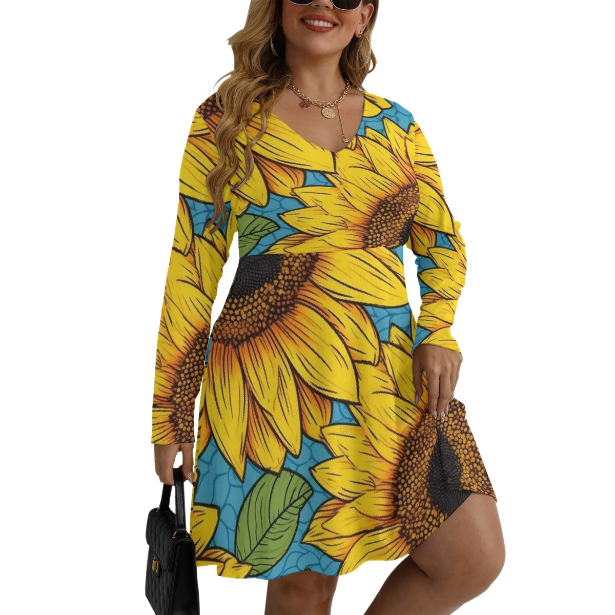 Rachvid All-Over Print Women's V-neck Long Sleeve Dress (Plus Size)