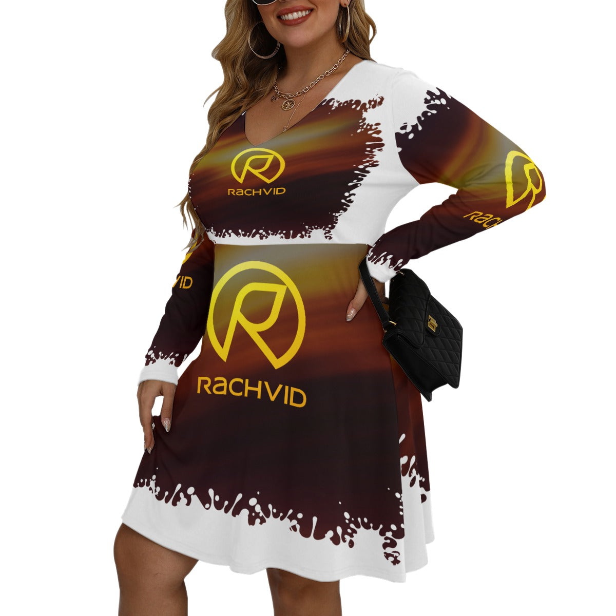 Rachvid All-Over Print Women's V-neck Long Sleeve Dress (Plus Size)