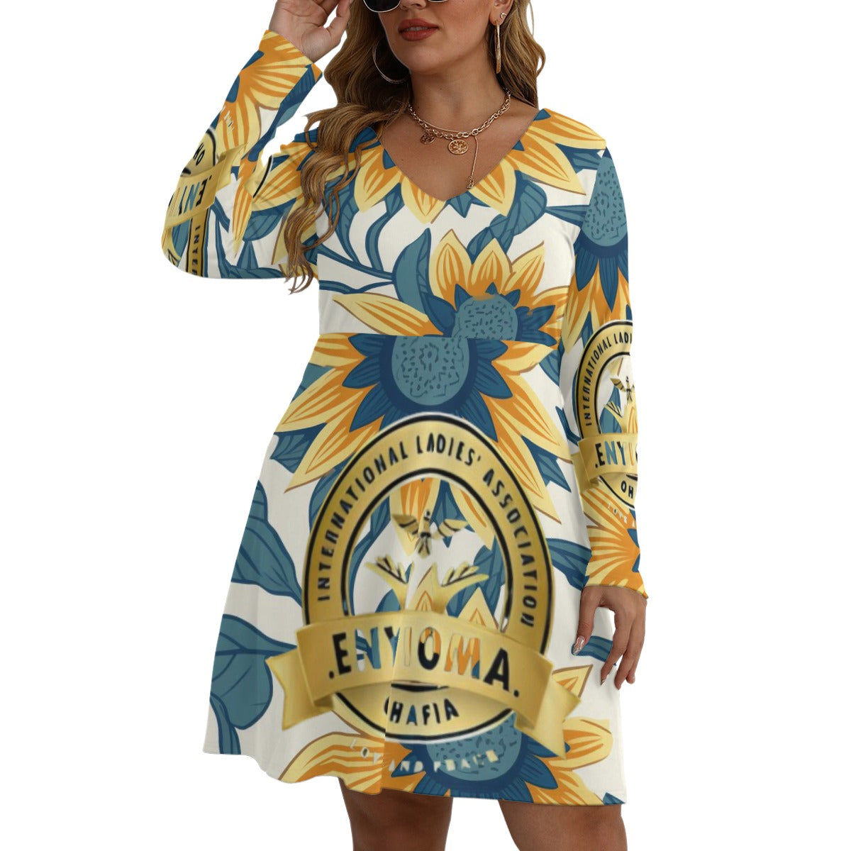 Rachvid Enyioma Ohafia All-Over Print Women's V-neck Long Sleeve Dress (Plus Size)