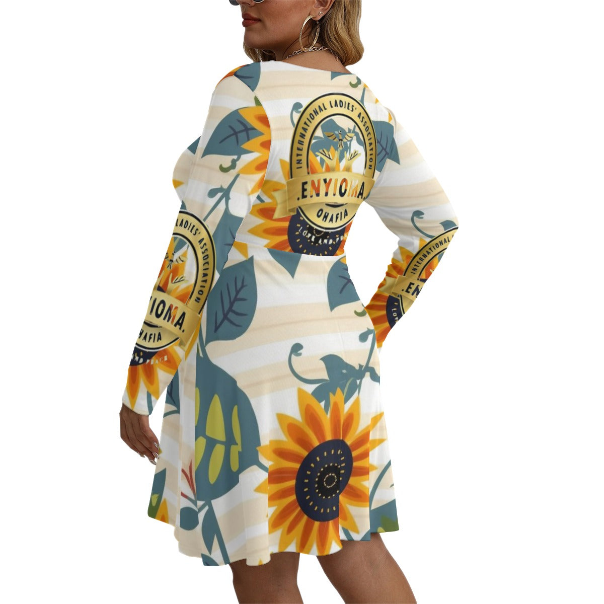 Rachvid Enyioma Ohafia All-Over Print Women's V-neck Long Sleeve Dress (Plus Size)