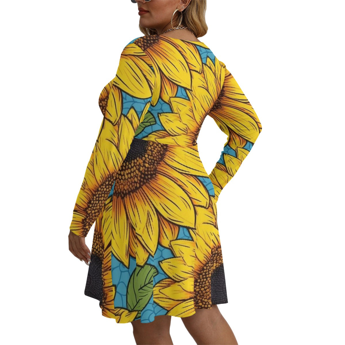 Rachvid All-Over Print Women's V-neck Long Sleeve Dress (Plus Size)