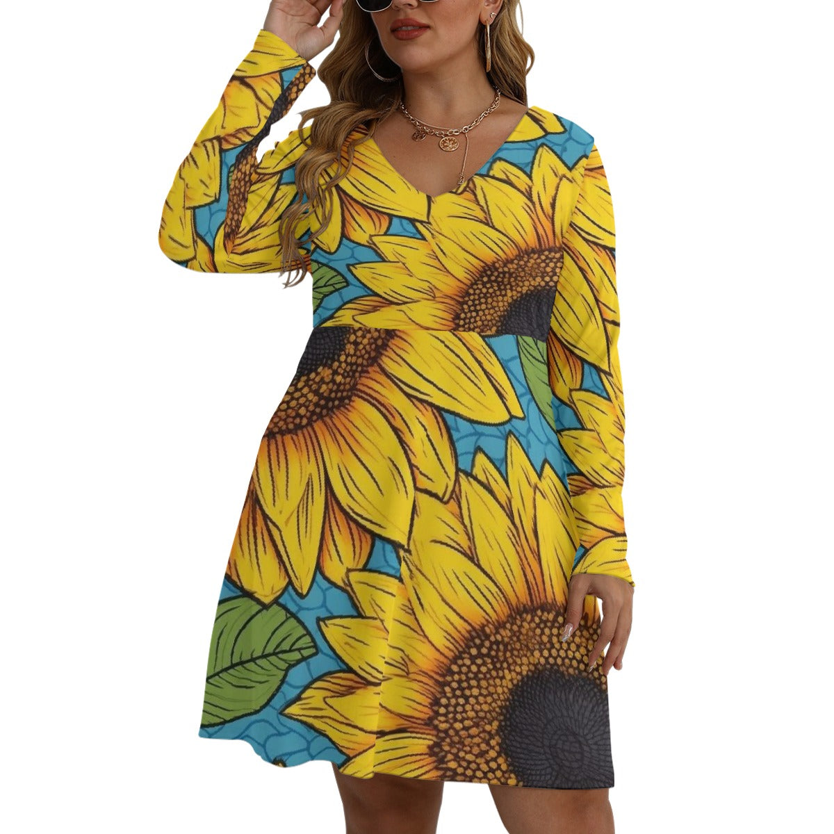 Rachvid All-Over Print Women's V-neck Long Sleeve Dress (Plus Size)