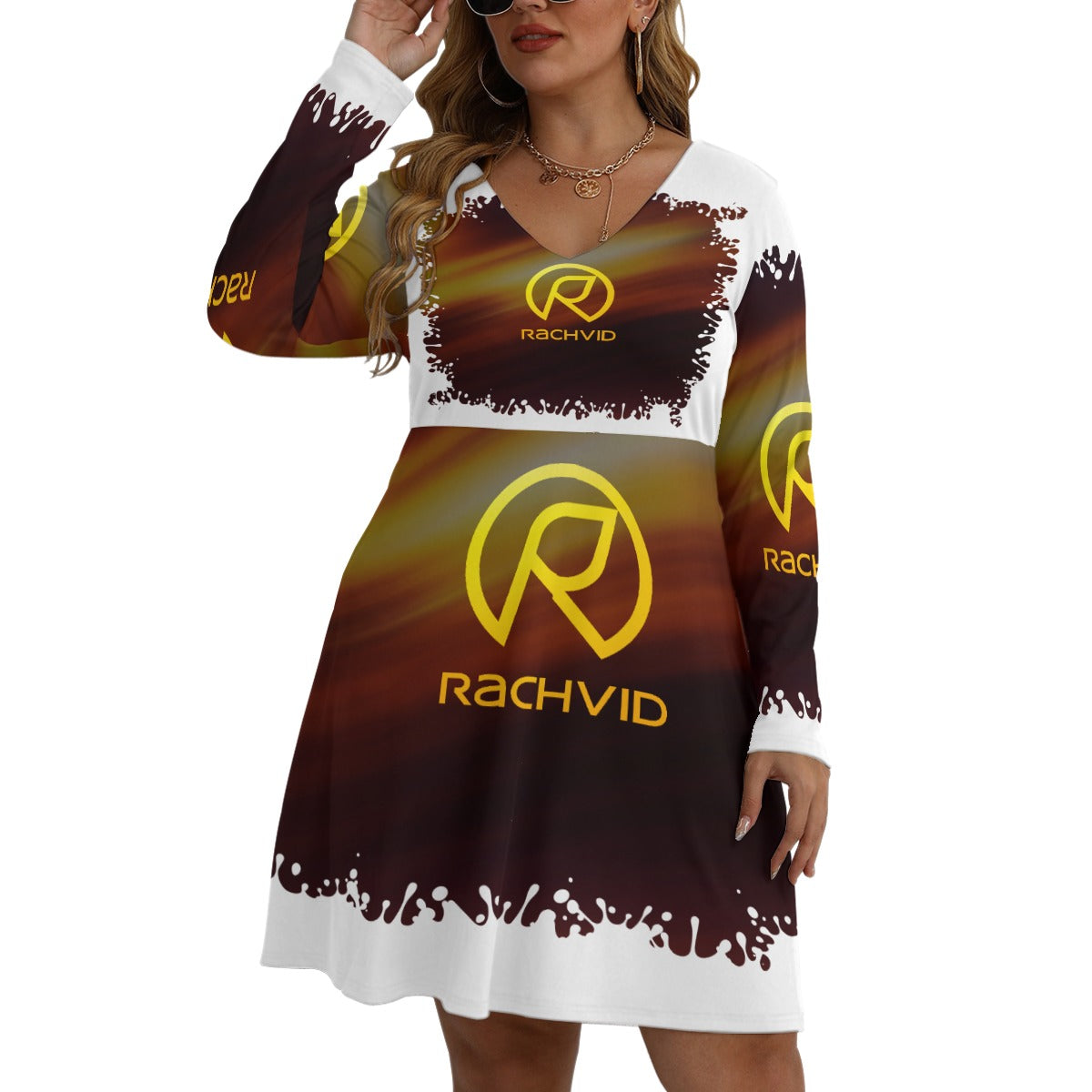 Rachvid All-Over Print Women's V-neck Long Sleeve Dress (Plus Size)