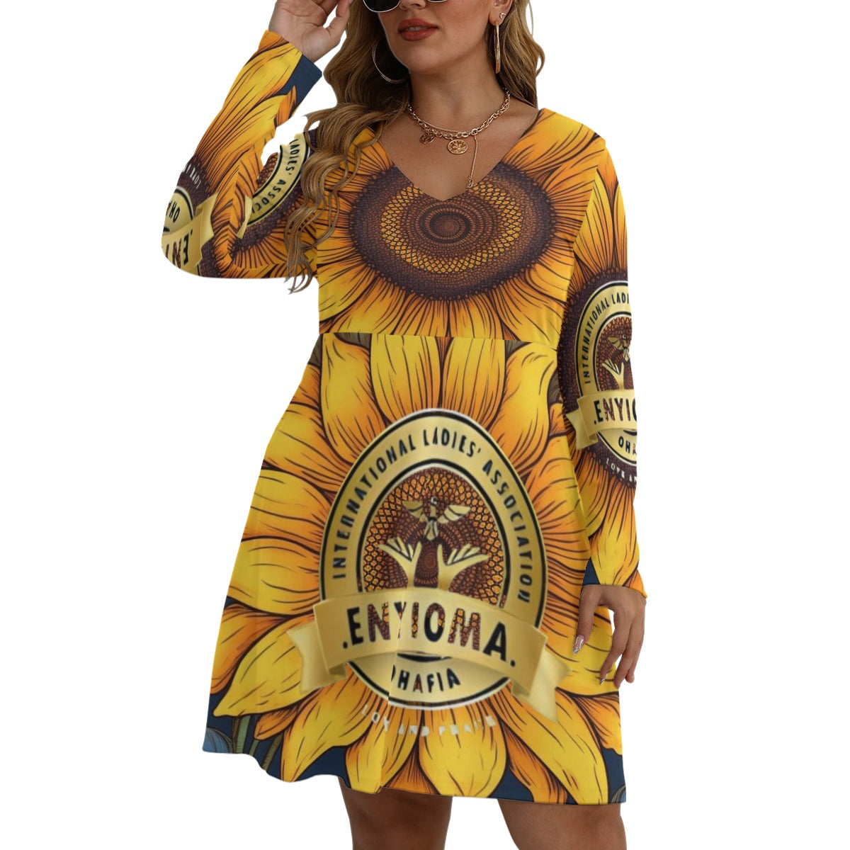 Rachvid Enyioma Ohafia All-Over Print Women's V-neck Long Sleeve Dress (Plus Size)