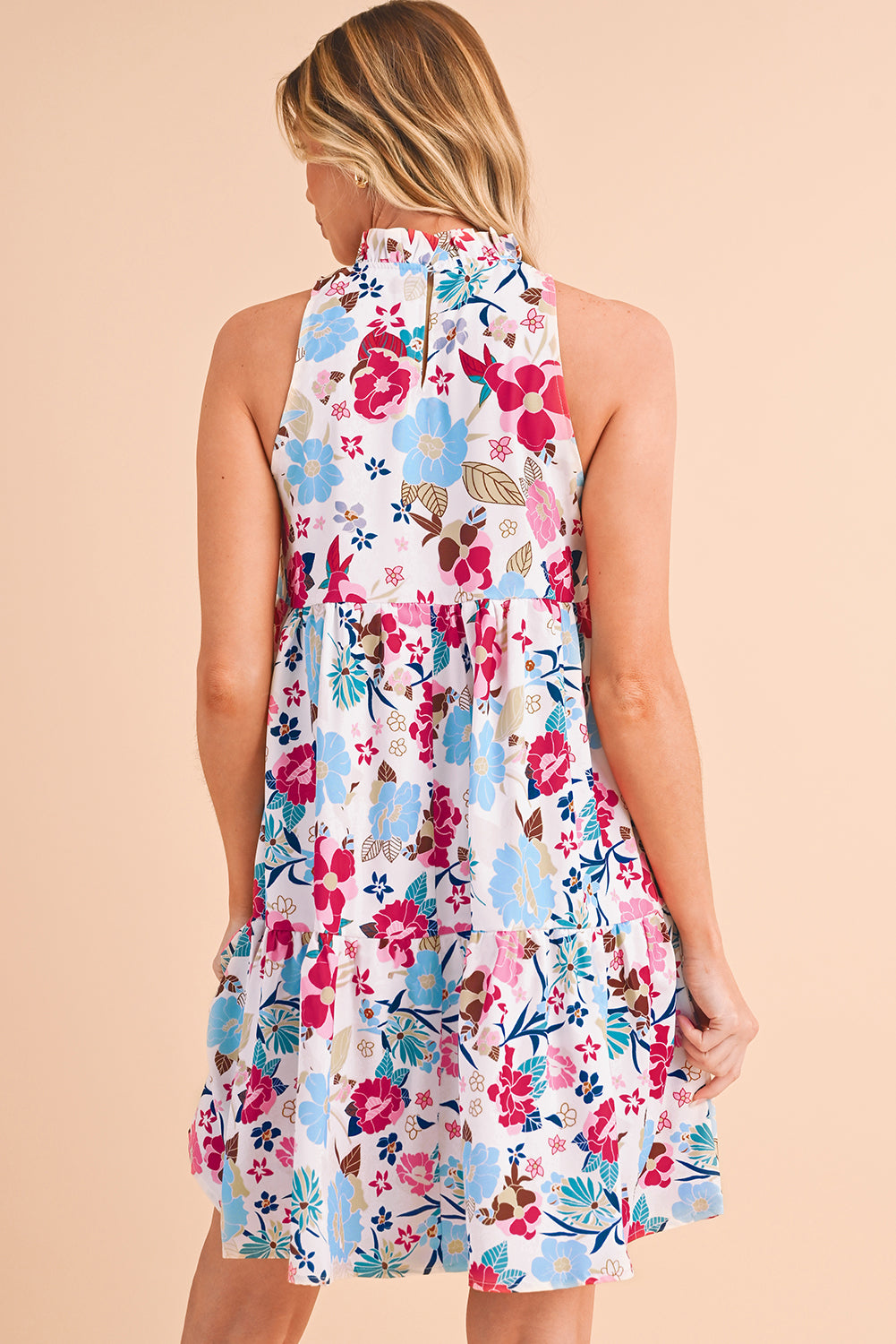 White Frill Mock Neck Sleeveless Tiered Floral Dress