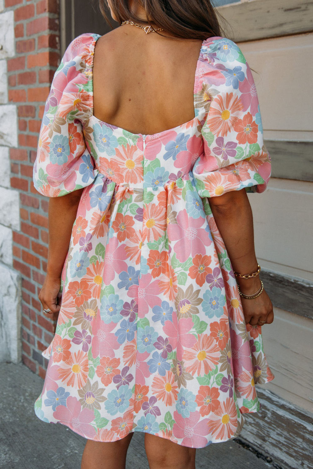 Multicolour Floral Puff Sleeve Square Neck Plus Babydoll Dress