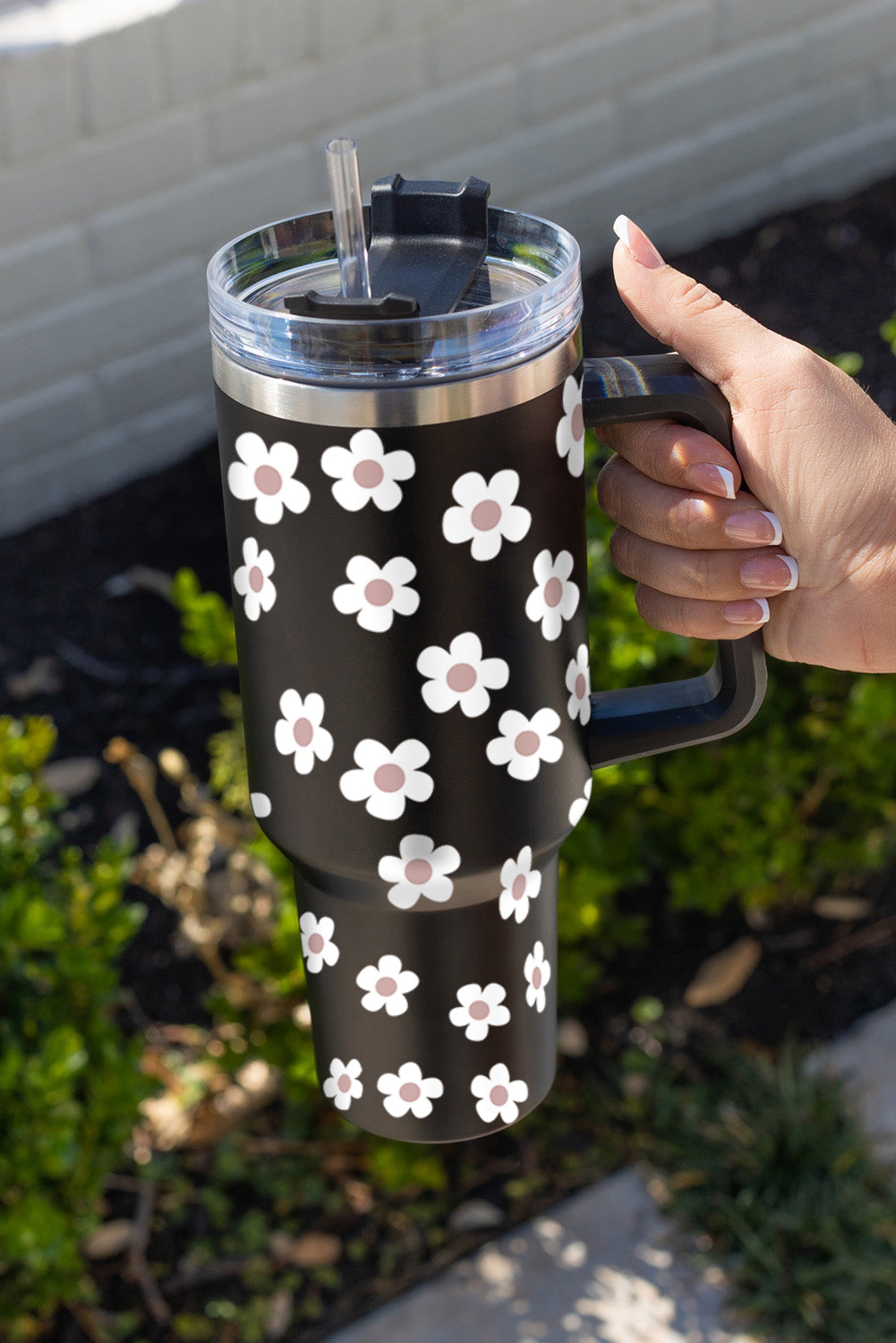 Dark Grey 60s Floral Print Stainless Tumbler With Lid And Straw