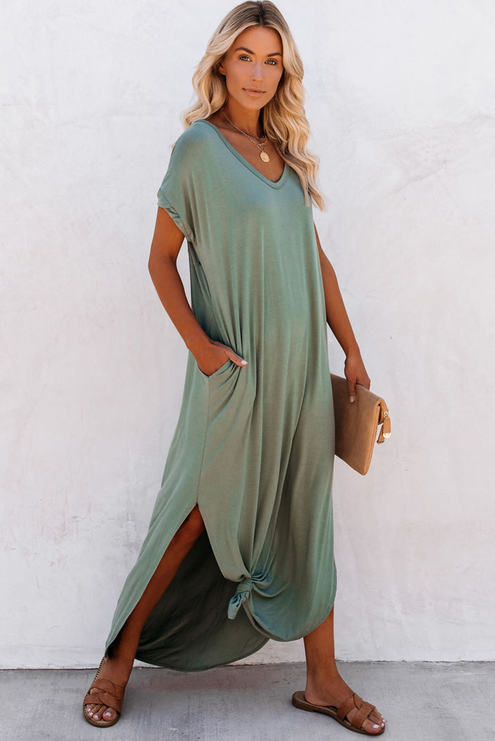 Black Solid Color Hidden Pocket V Neck Slit Maxi Dress