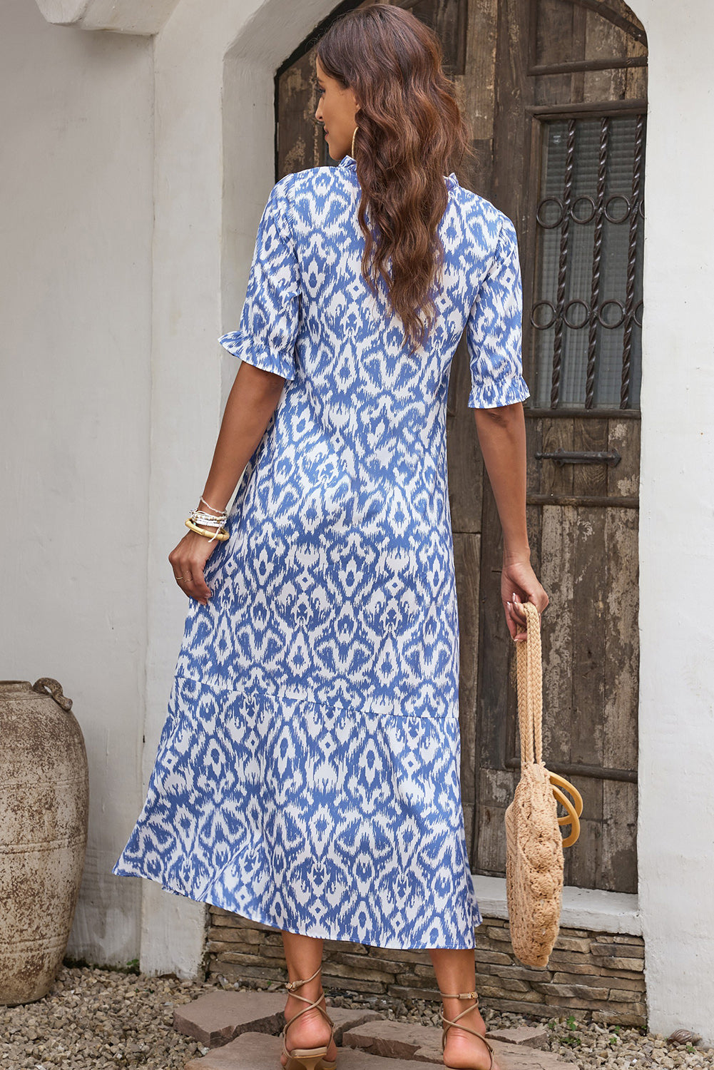 Pink Geometric Print Casual V Neck Maxi Dress