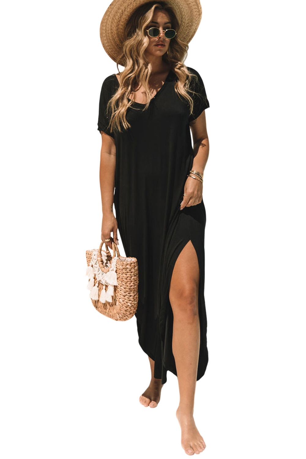 Black Solid Color Hidden Pocket V Neck Slit Maxi Dress