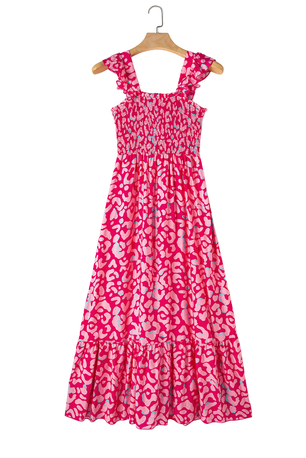 Rose Leopard Ruffle Straps Smocked High Waist Maxi Dress