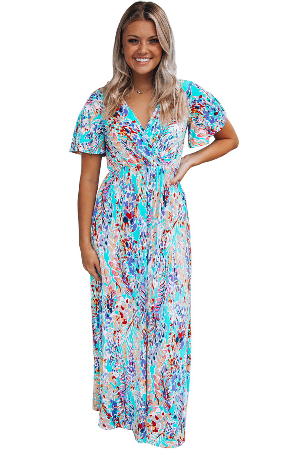 Wholesale Rose Boho Abstract Print V Neck Short Sleeve Maxi Wrap Dress