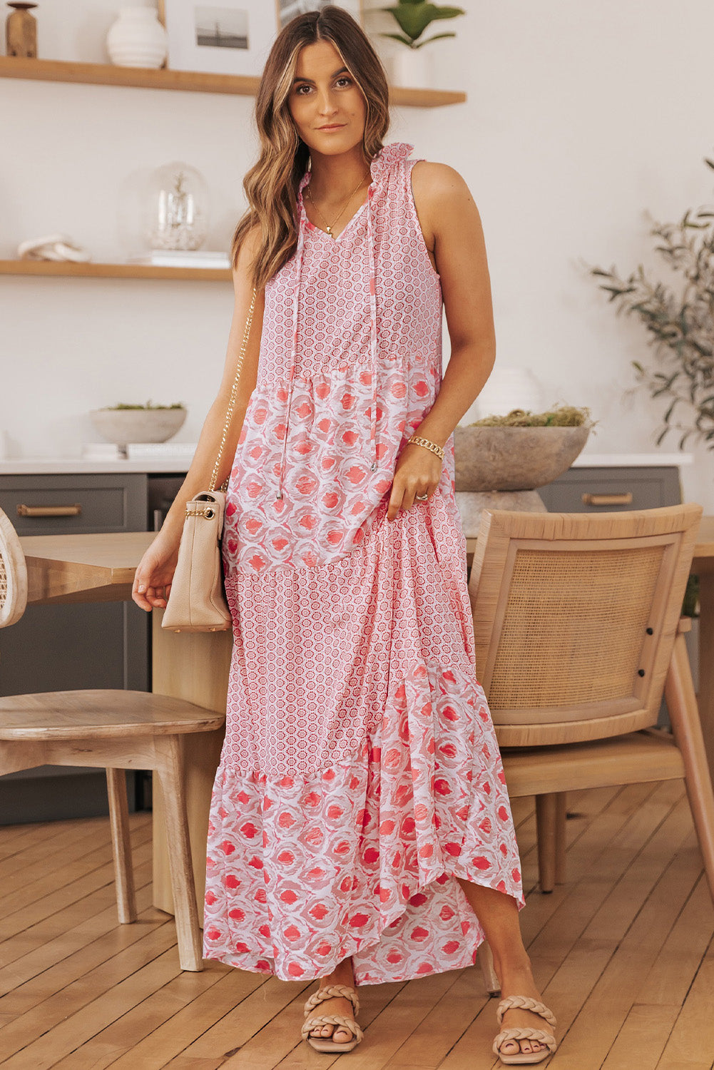 Pink Abstract Print Patchwork Sleeveless V Neck Tiered Dress