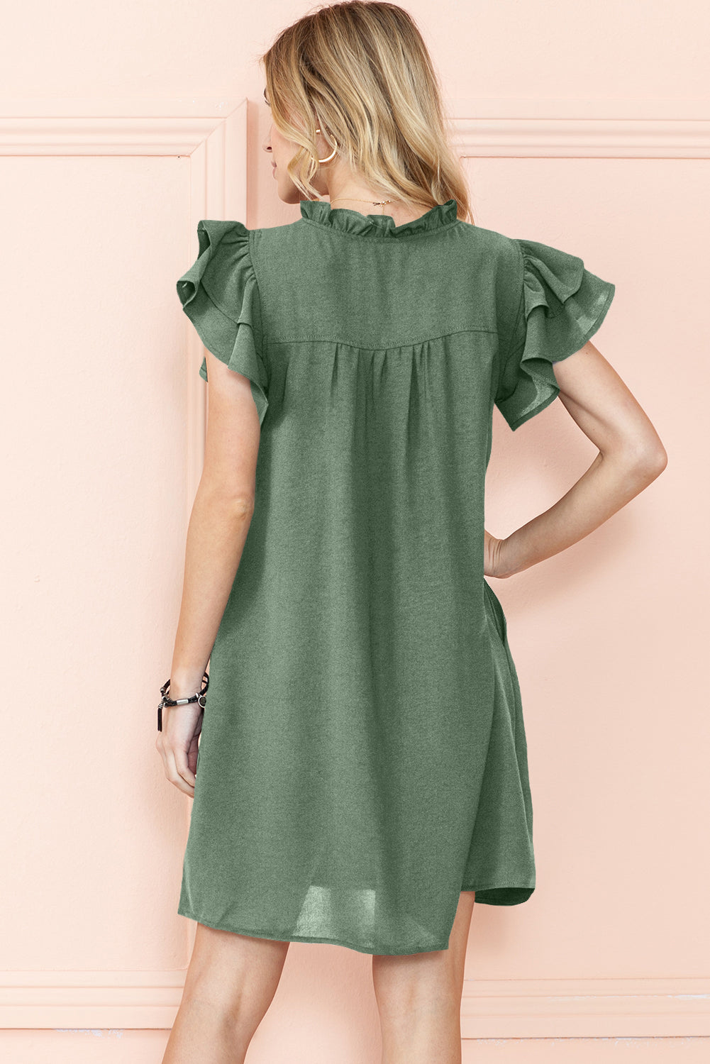 Black Ruffle Sleeve V Neck Frilled Shift Dress