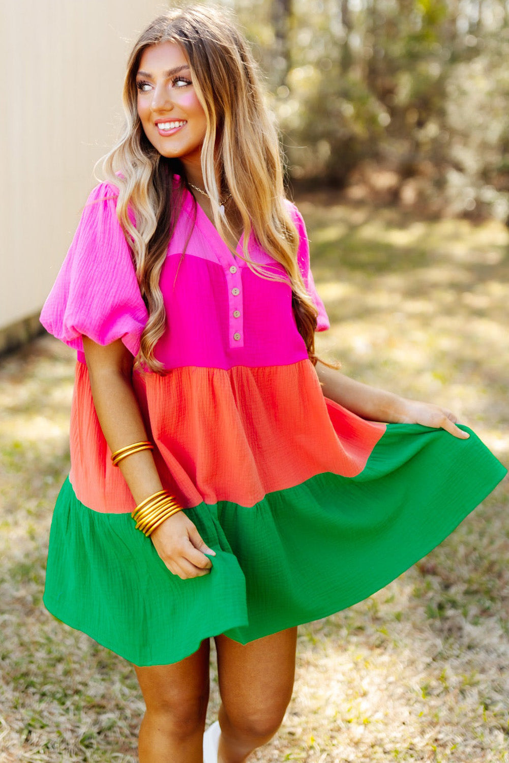 Multicolor Color Block Tiered Puff Sleeve Dress