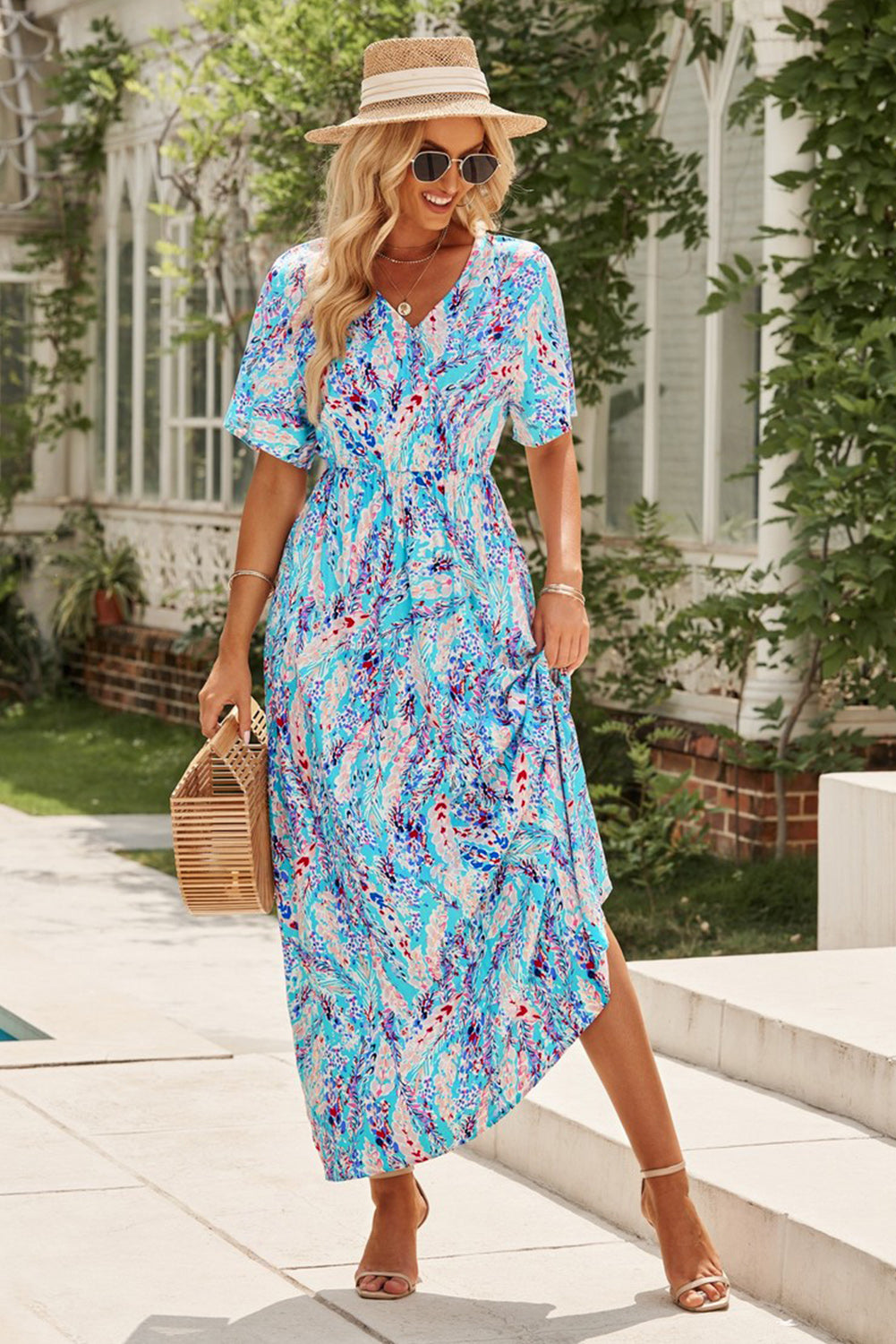 Wholesale Rose Boho Abstract Print V Neck Short Sleeve Maxi Wrap Dress