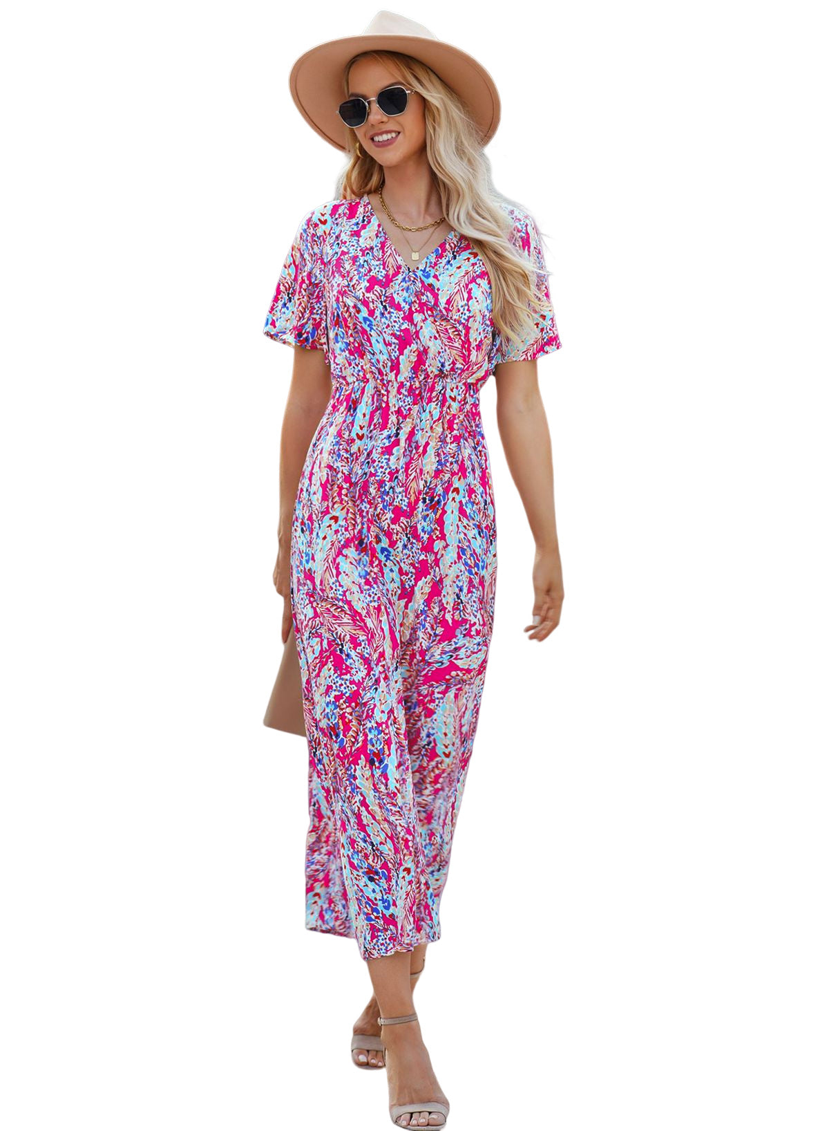 Wholesale Rose Boho Abstract Print V Neck Short Sleeve Maxi Wrap Dress