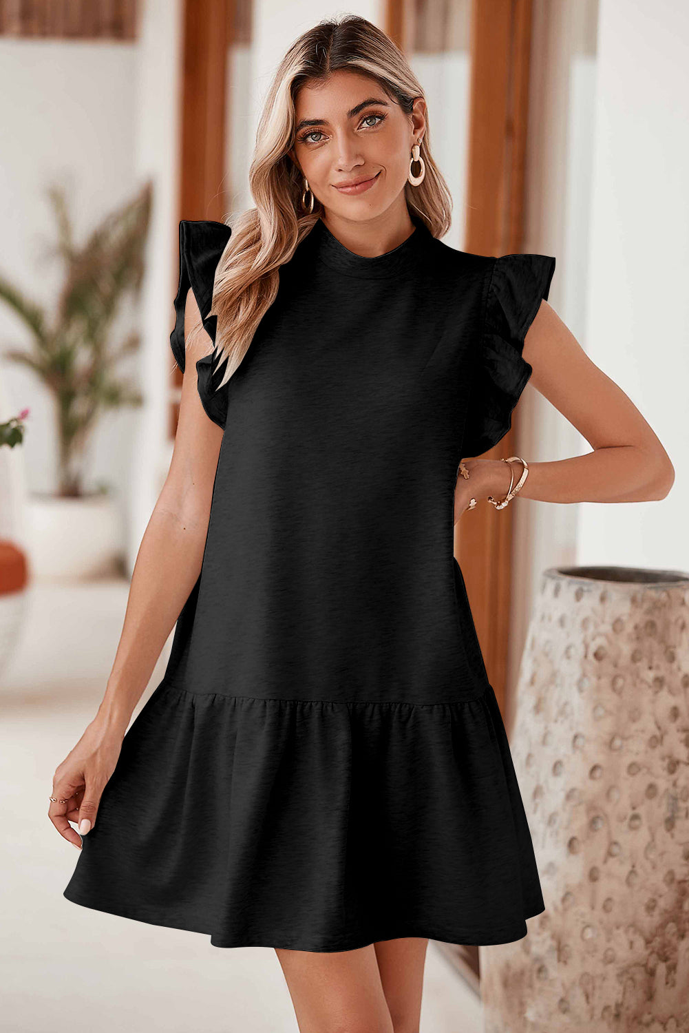 Black Solid Color Ruffle Hem Mini Sweatshirt Dress