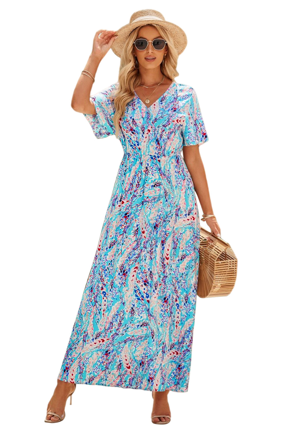 Wholesale Rose Boho Abstract Print V Neck Short Sleeve Maxi Wrap Dress