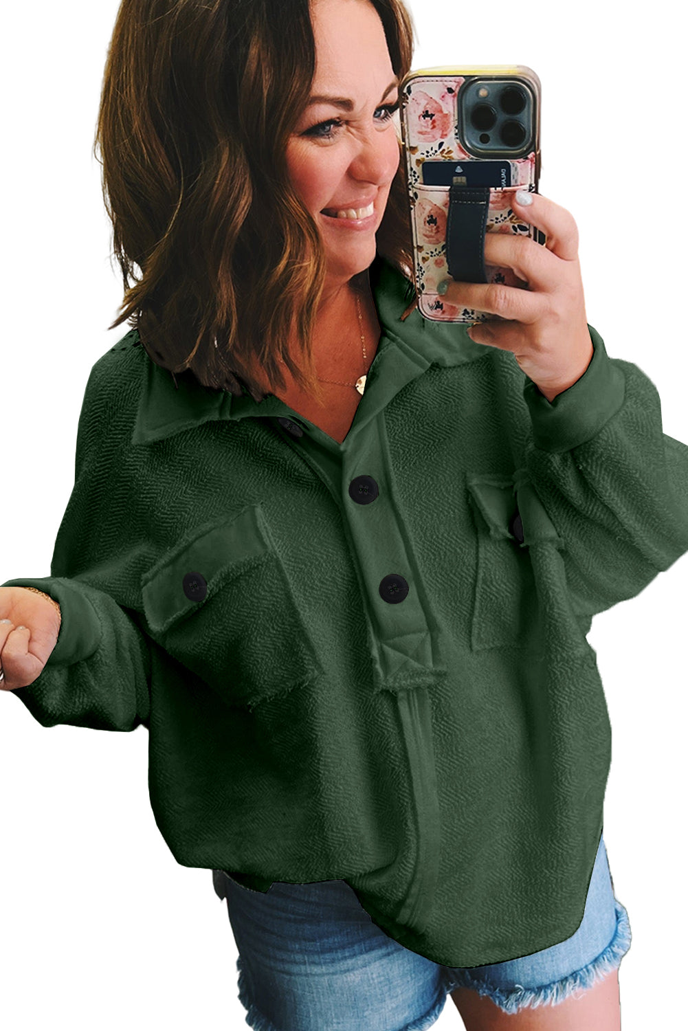 Blackish Green Plus Size Long Sleeve Flap Pocket Henley Top