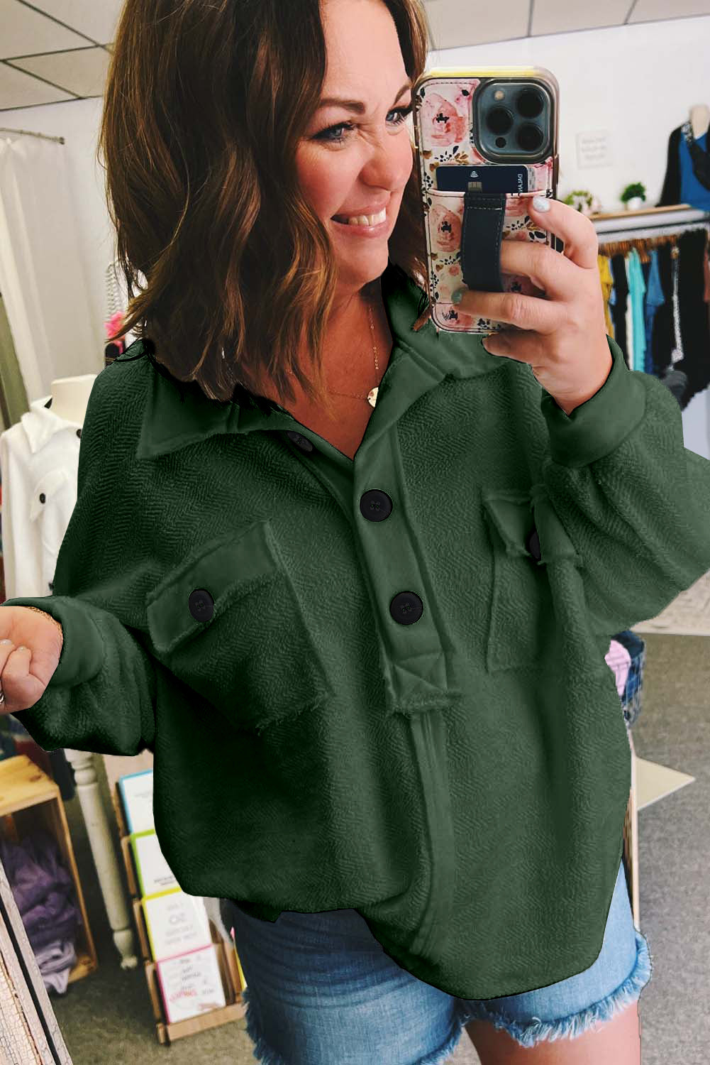 Blackish Green Plus Size Long Sleeve Flap Pocket Henley Top