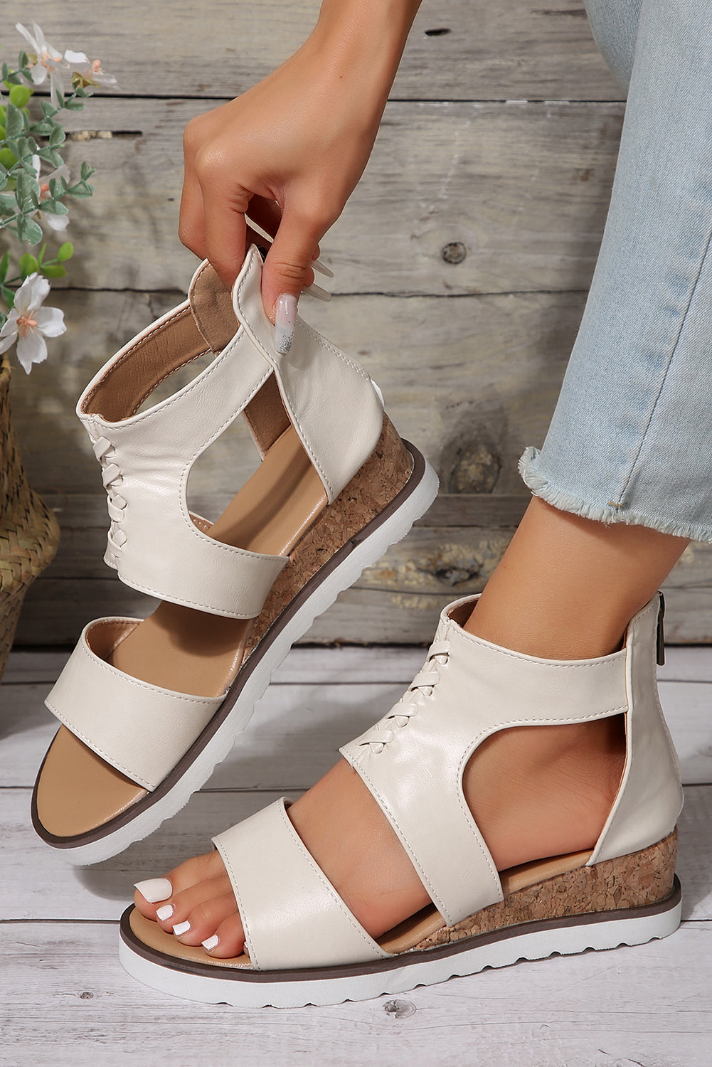 White Crisscross Detail Hollowed Leather Gladiator Sandals