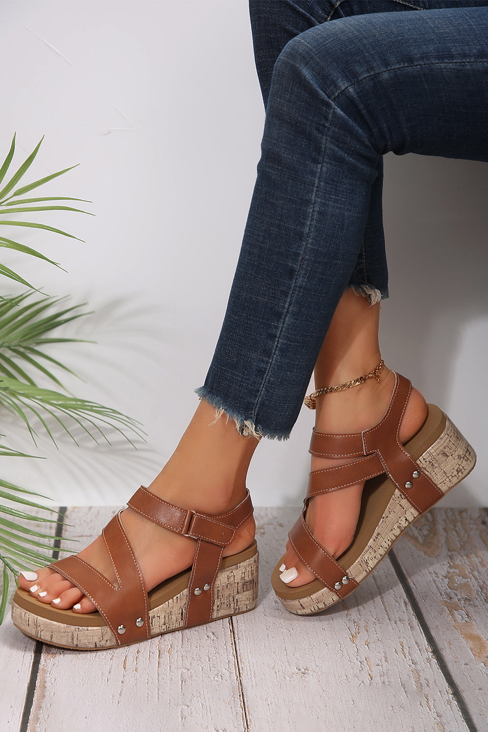 Chestnut Hollow Out Velcro Leather Wedge Sandals