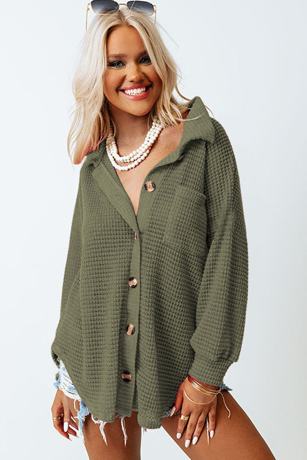 Green Pocket Buttons Front Waffle Knit Top