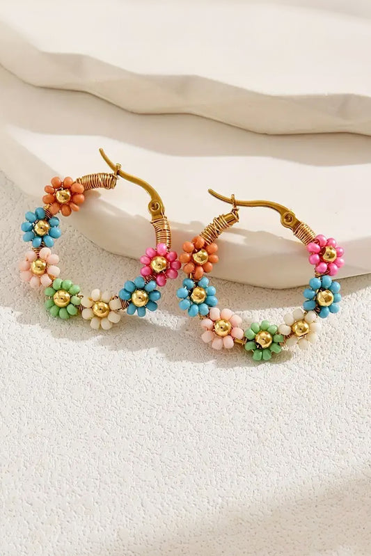 Pink Contrast Beaded Flowers Round Shape Dropping Earrings