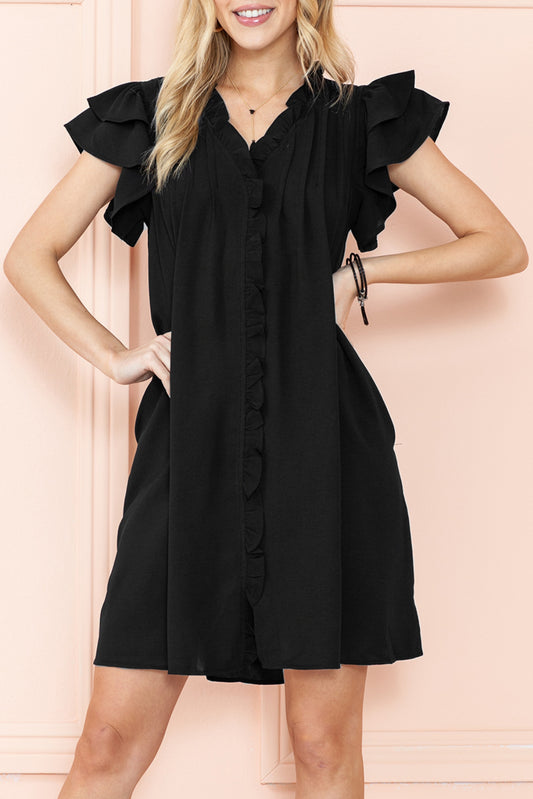 Black Ruffle Sleeve V Neck Frilled Shift Dress