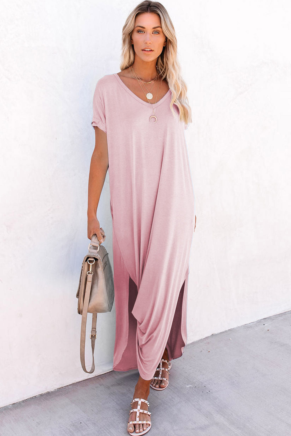 Black Solid Color Hidden Pocket V Neck Slit Maxi Dress