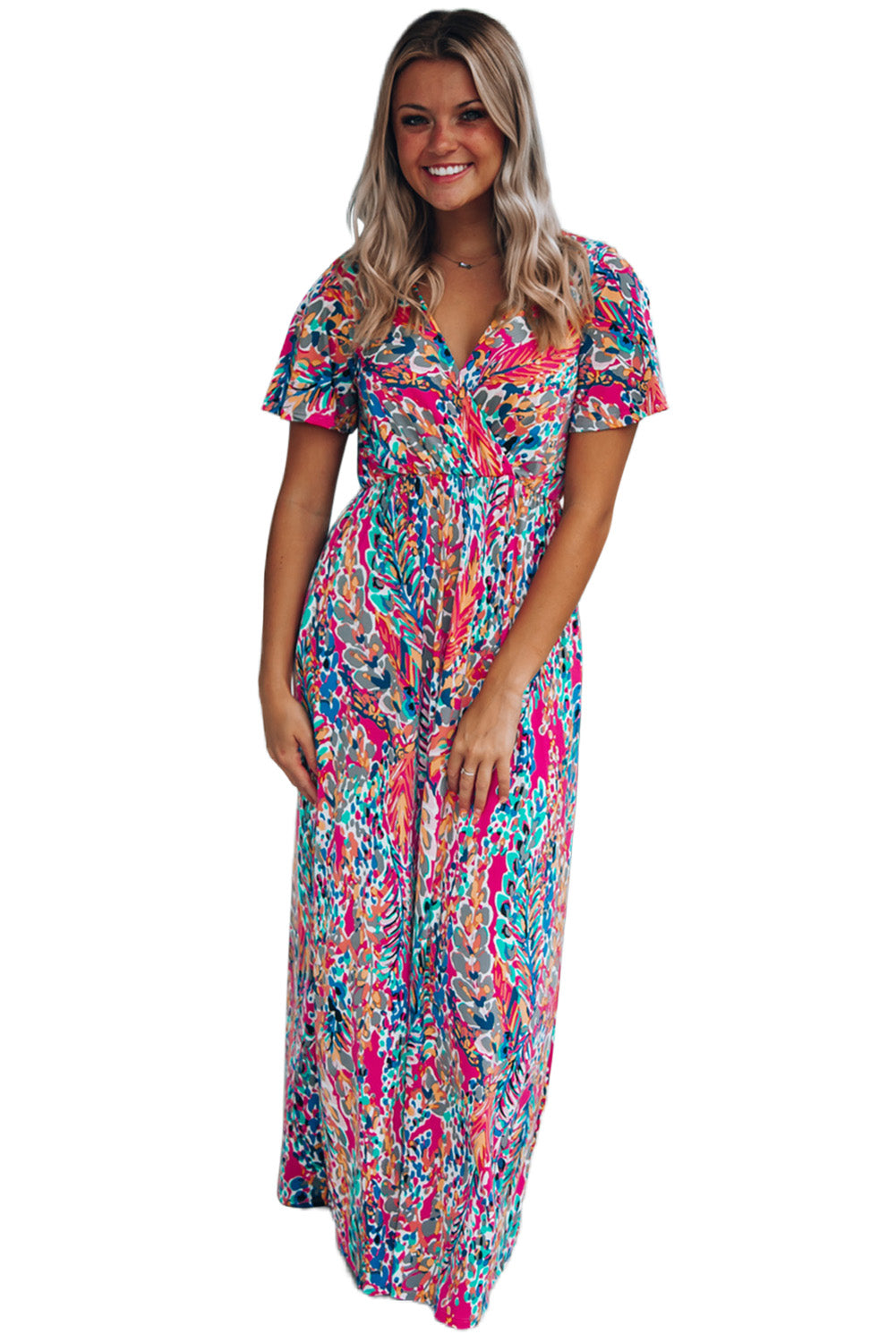 Wholesale Rose Boho Abstract Print V Neck Short Sleeve Maxi Wrap Dress