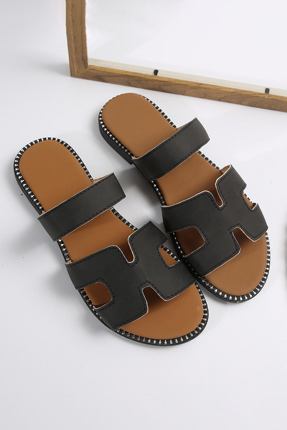 Brown Leather H Band Flat Slippers