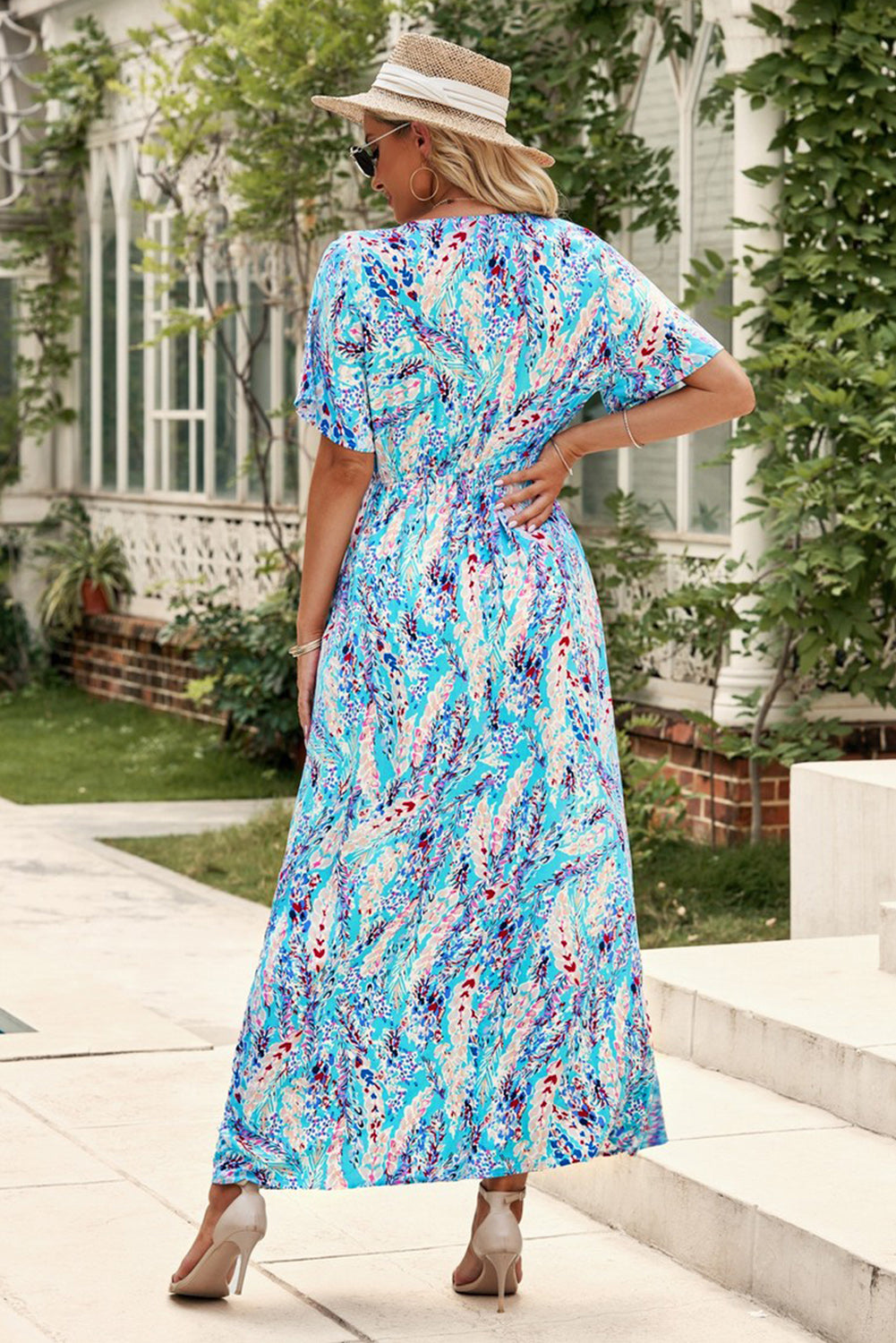 Wholesale Rose Boho Abstract Print V Neck Short Sleeve Maxi Wrap Dress