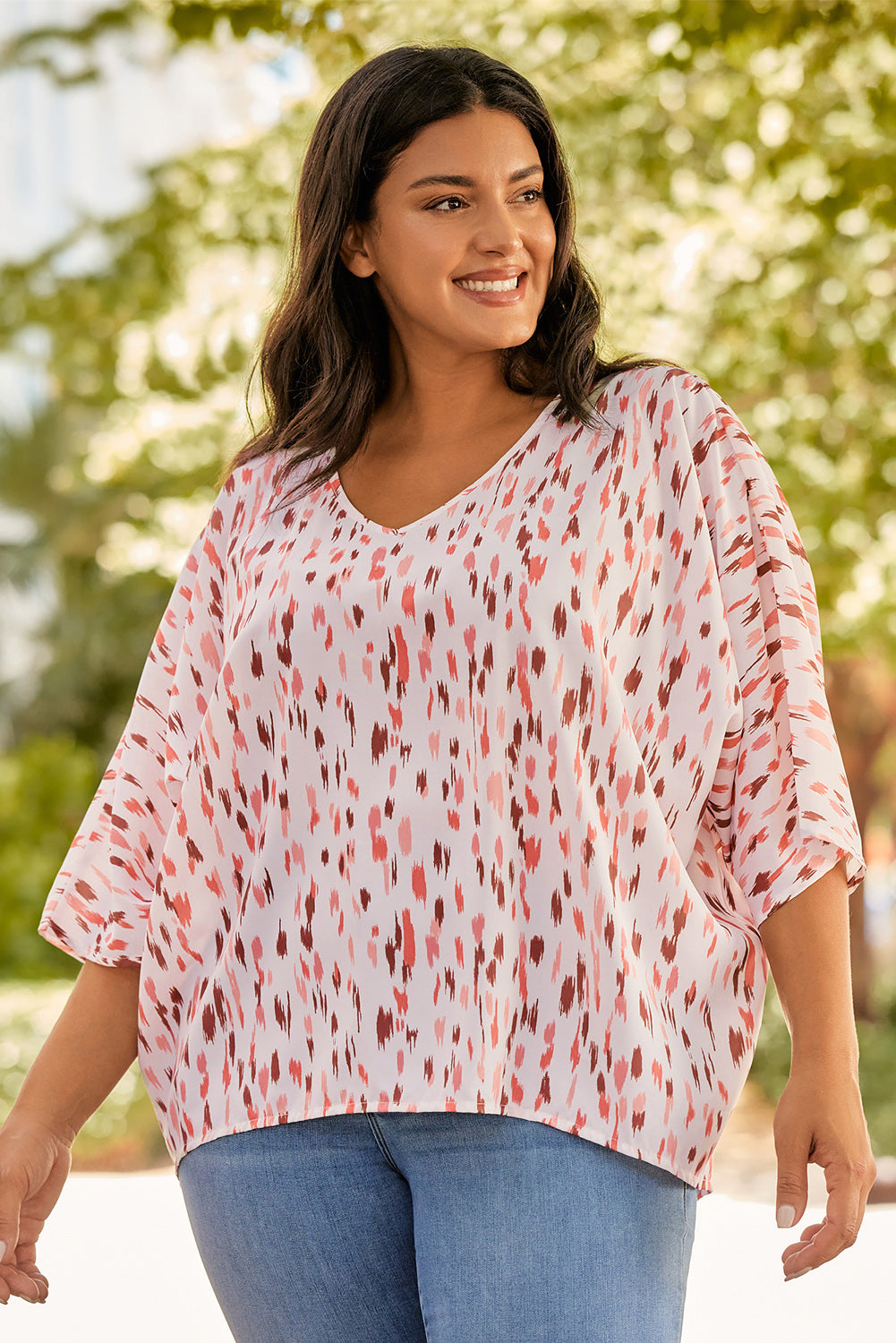 Pink Elegant Polka Dots 3/4 Dolman Sleeve Plus Size Blouse