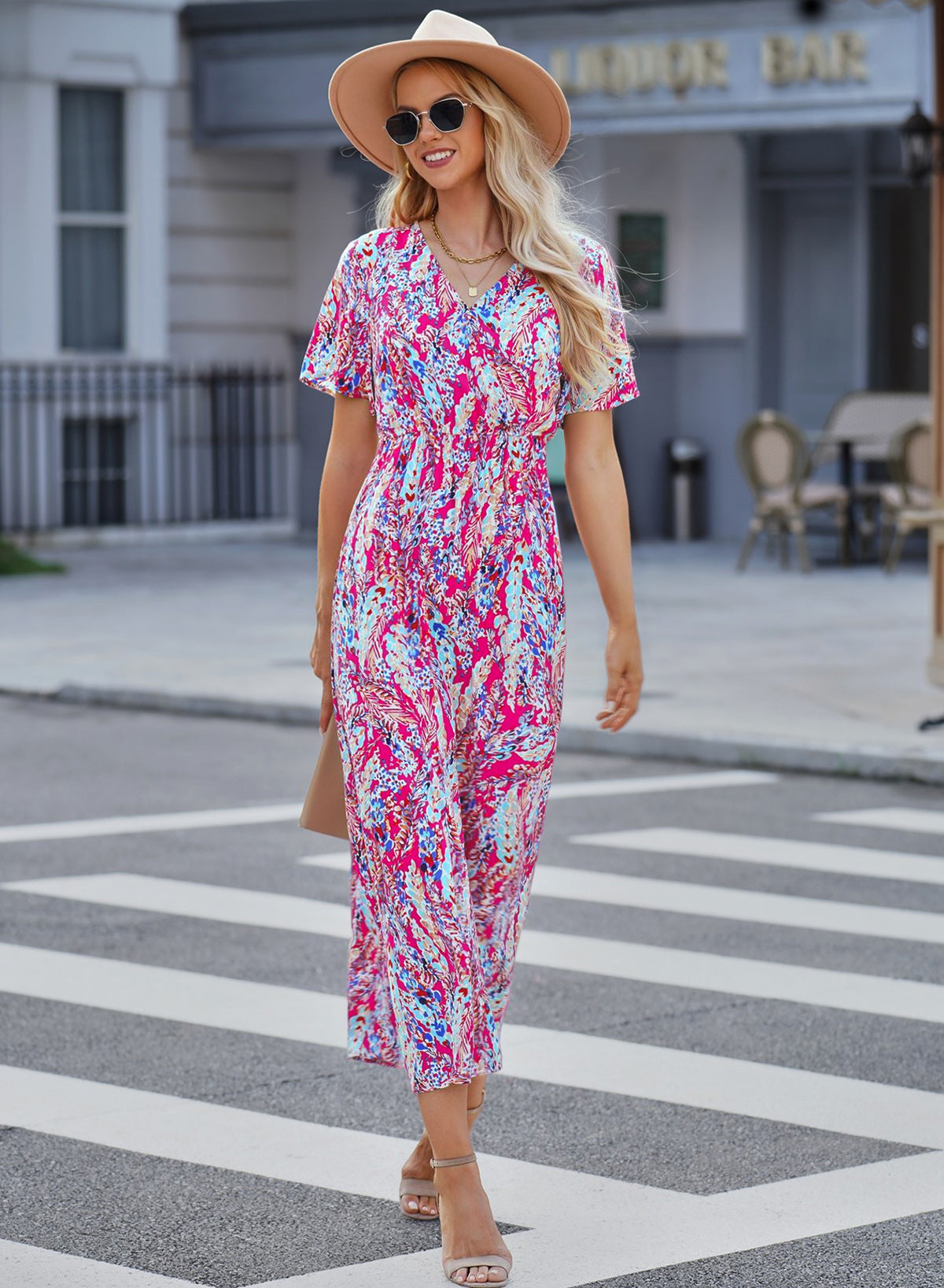 Wholesale Rose Boho Abstract Print V Neck Short Sleeve Maxi Wrap Dress